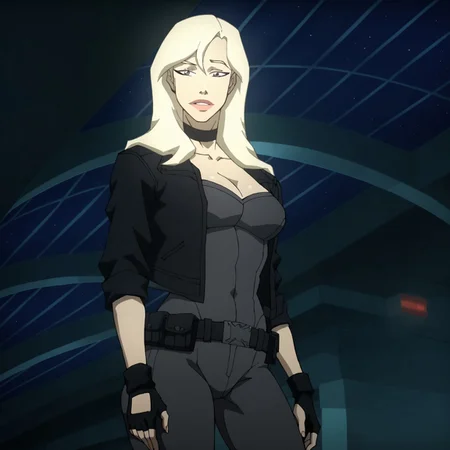 safe_pos, standing, solo, 1girl, makeup, BlackCanary, hair between eyes, long hair, looking at viewer, sexy pose, medium breasts,