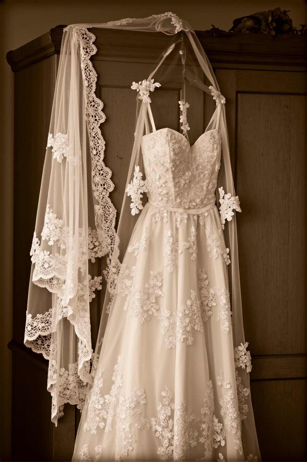 A delicate lace wedding veil cascades from the edge of a wooden armoire, its intricate embroidery catching the soft light. The dress it once accompanied is nowhere in sight, only this fragment remainsâa whisper of a bride from decades past. The sepia vignette envelops the scene in a hushed reverence, as if the moment still lingers in the fabric.
<lora:sepia-vignette-flux:1>