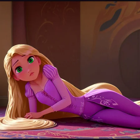 RapTang, 1girl, solo, blonde hair, very long hair, green eyes, 4K, best quality, disney, laying on side, barefoot, posing