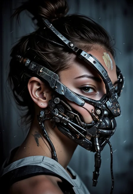 A haunting, dark portrait of a woman, her face a fusion of organic and mechanical elements in the style of H.R. Giger. The close-up shot reveals a biomechanical mask that has grown into her skin, a grotesque yet beautiful merging of flesh and metal. The mask appears almost alive, made from a nightmarish blend of organic tissues and cold, industrial materials — wires and cables intertwining with veins and sinew, wrapping around her jaw and temples. Metallic plates, some rusted and others gleaming, seamlessly meld into her pale, ghostly skin, creating a disturbing yet fascinating symmetry.
Her brown hair, tightly bound into a knot, contrasts with the twisted metal and organic tendrils extending from the mask, some of them snaking down the back of her neck. The dark, shadowy environment barely illuminates her face, with faint neon and cybernetic lights casting eerie reflections across her biomechanical features. Her eyes, filled with cold intensity, peer out from behind the mask, showing the last traces of her humanity within the cold, biomechanical form.
The fusion of flesh and machine, organic and metallic, creates an unsettling, dystopian beauty, where the boundaries between life and technology blur. The intricate detailing of the mask, with its alien, otherworldly design, captures the dark essence of Giger's biomechanical art, as the woman’s face stands frozen in a moment of both suffering and strength.