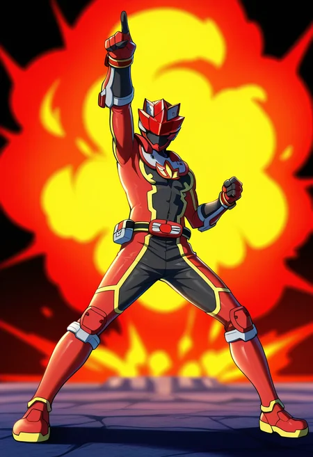masterpiece,best quality,amazing quality BREAK kizuna red,1boy,explosion,male focus,solo,helmet,blurry,fire,belt,standing,bodysuit,tokusatsu,blurry background,depth of field,full body,clenched hand,gloves,rider belt,red theme,arm guards,belt pouch,red-black gloves,red armor,legs apart,pointing,fighting stance,<lora:Asagaki_Tougo-000010:1>,