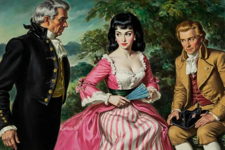walterbaumhofer1 painting.
Two men and a woman are dressed in period clothing. On the left, an elderly man with a white wig is shown in side profile. He wears a dark, formal suit with gold buttons and a white shirt. In the center, a seated woman in a pink and white striped gown with lace details holds a blue folding fan. On the right, a man in a tan suit with a red vest and white shirt sits with a tricorne hat in his lap.
 <lora:walterbaumhofer1_cap_d8a4e12:1.0><lora:849102389230202812:0>