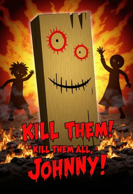 a humorous yet horrific closeup of Plank from Ed, Edd n Eddy in a hellish, fiery background, his wooden face twisted into a maniacal, almost demonic expression. His eyes glow faintly red, and his mouth is carved into a sinister grin, with cracks in the wood giving him a terrifying, weathered look. The background is a chaotic inferno, with flames, ash, and shadowy figures writhing in agony. Overlaid in bold, dripping, blood-red text is the phrase: "Kill Them!" - "KILL THEM ALL, Johnny!" The contrast between Plank’s usually blank, innocent appearance and this horrifying, over-the-top transformation creates a darkly comedic and unsettling vibe, blending absurdity with nightmare fuel