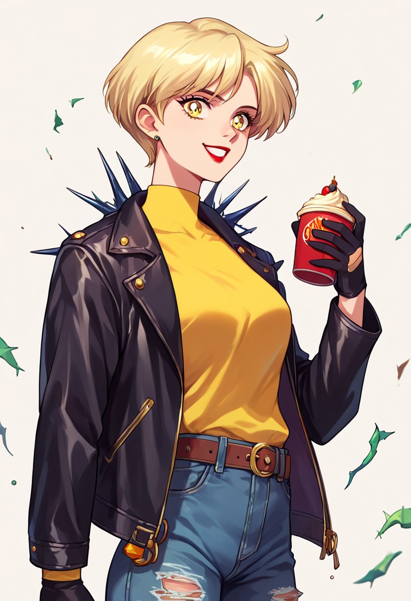 (masterpiece), best quality, a 40-year-old woman with short blonde hair red lipstick and yellow eyes, she wears a cream yellow shirt with a black leather jacket with thorns jean pants and leather gloves, smiling, score_9, score_8_up, score_7_up, source_anime, score_9, score_8_up, score_7_up, sm90s