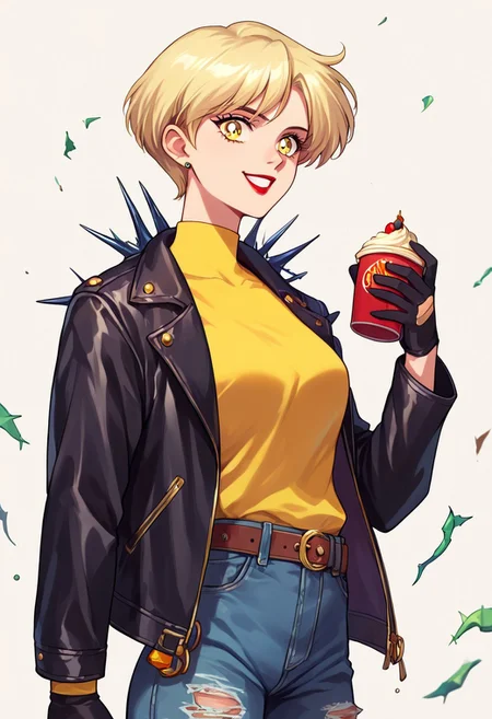 (masterpiece), best quality, a 40-year-old woman with short blonde hair red lipstick and yellow eyes, she wears a cream yellow shirt with a black leather jacket with thorns jean pants and leather gloves, smiling, score_9, score_8_up, score_7_up, source_anime, score_9, score_8_up, score_7_up, sm90s