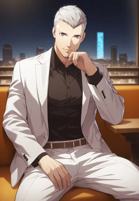 sanada akihiko \(persona\), 1boy, short hair, gray hair, undercut, hazel eyes, detailed eyes, black goatee, bandaid on right chin, bandaid on left forehead, casual outfit, long sleeves, white jacket, black shirt, white pant, formal suit, city, elegant and handsome pose, pinup, looking at viewer, very awa, masterpiece, best quality, absurdres, newest, perfect quality, detailed background, intricate details