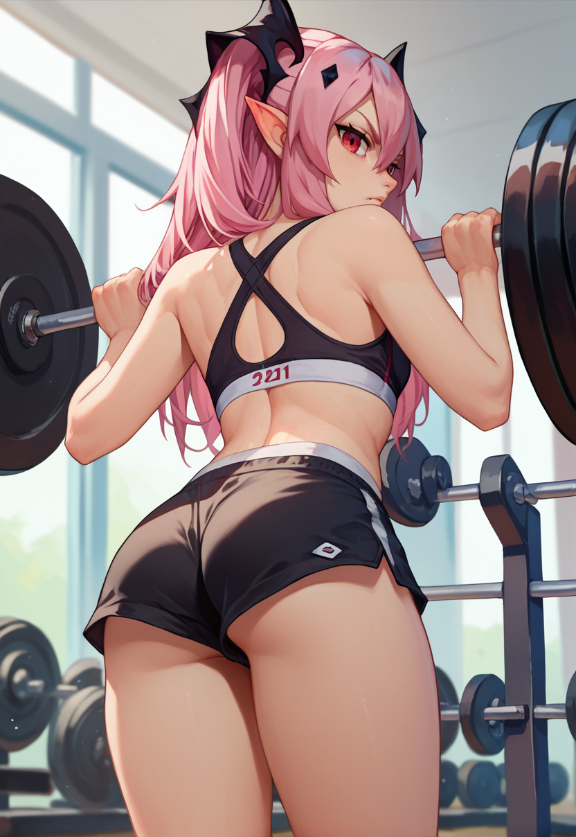 score_9, score_8_up, score_7_up,  1girl,  Krul, two side up, pink hair, red eyes, pointy ears, hair ornament, black sports bra, black shorts, short shorts, ass, gym,   <lora:Krul Tepes2-000006:1>