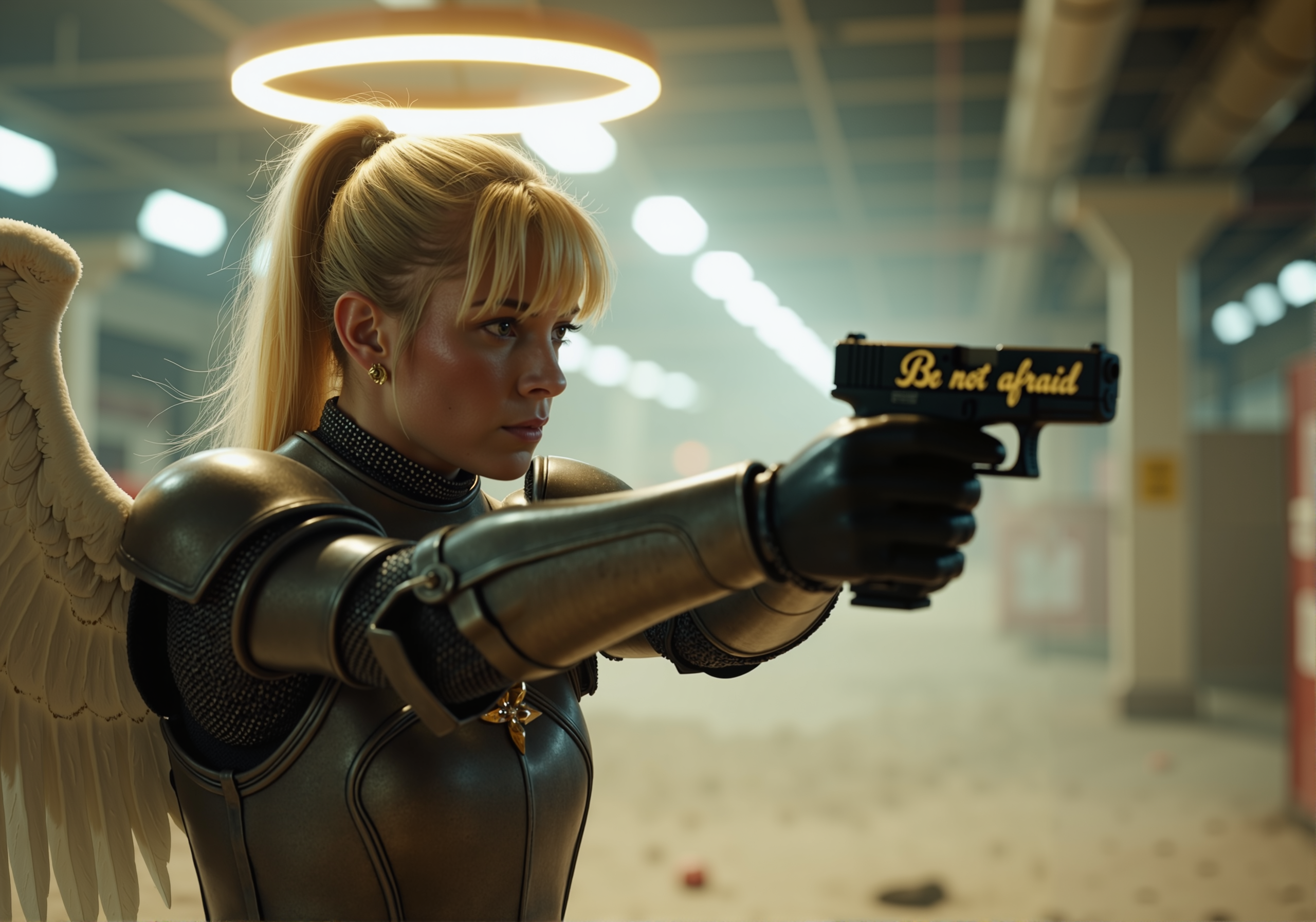 cinematic still side profile of an angel aiming G17Model glock pistol with prominent text "Be not afraid" in golden cursive script engraved on the matte black slide, she has platinum blonde ponytail with long bangs a glowing halo levitating above her head and large white wings, she wears modest traditional knight's plate armor and has a slim build with a determined look on her face, she is in an abandoned walmart, the lighting dim, with dust swirling in the air, intense dramatic mood<lora:Glock (G17)_epoch_12.safetensors:1:1>