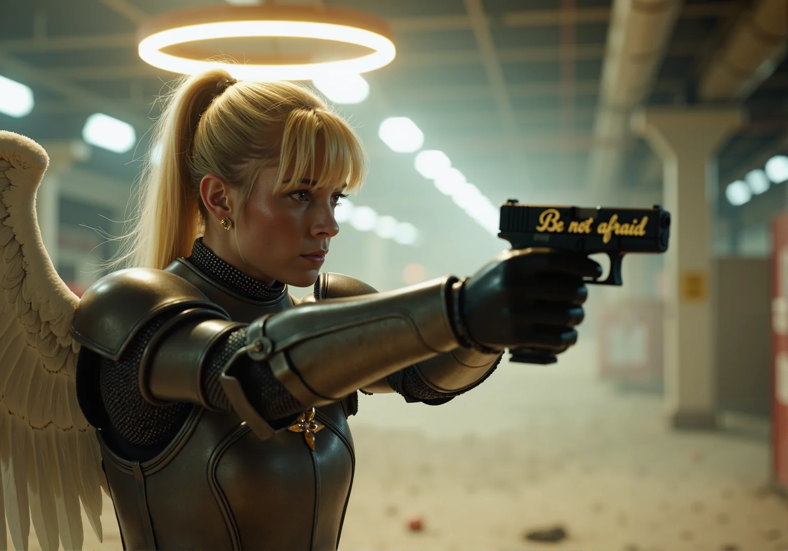 cinematic still side profile of an angel aiming G17Model glock pistol with prominent text "Be not afraid" in golden cursive script engraved on the matte black slide, she has platinum blonde ponytail with long bangs a glowing halo levitating above her head and large white wings, she wears modest traditional knight's plate armor and has a slim build with a determined look on her face, she is in an abandoned walmart, the lighting dim, with dust swirling in the air, intense dramatic mood<lora:Glock (G17)_epoch_12.safetensors:1:1>