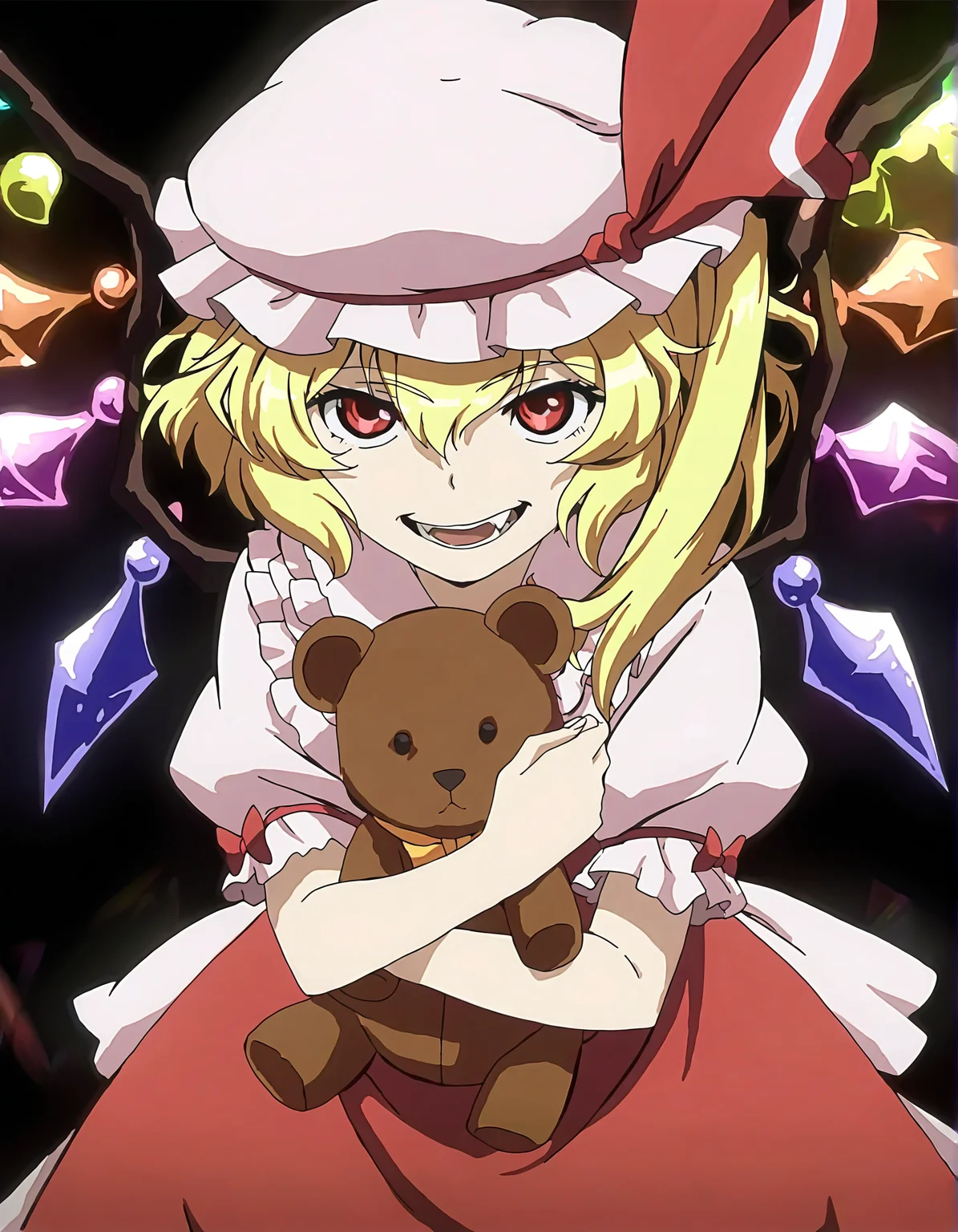 memoriesofphantasm, 1girl, flandre scarlet, wings, hat, blonde hair, teddy bear, solo, red eyes, stuffed animal, stuffed toy, open mouth, sensitive, smile, side ponytail, mob cap, short hair, parody, looking at viewer, puffy sleeves, anime coloring, ribbon, short sleeves, puffy short sleeves, hat ribbon
very awa, masterpiece, best quality, year 2024, newest, highres, absurdres, <lora:memories-of-phantasm-style-noobai-vpred10-logit:1>