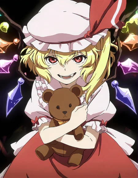 memoriesofphantasm, 1girl, flandre scarlet, wings, hat, blonde hair, teddy bear, solo, red eyes, stuffed animal, stuffed toy, open mouth, sensitive, smile, side ponytail, mob cap, short hair, parody, looking at viewer, puffy sleeves, anime coloring, ribbon, short sleeves, puffy short sleeves, hat ribbon
very awa, masterpiece, best quality, year 2024, newest, highres, absurdres, <lora:memories-of-phantasm-style-noobai-vpred10-logit:1>