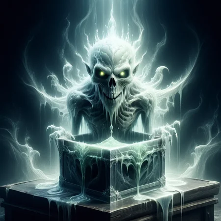 high quality, masterpiece, emaciated pale skinned monster in a stone box design, enveloped by dark mist, dripping slime, shiny oiled skin, elaborate fantasy style art, intricate details, ultra sharp, backlit, exquisite detail, flawless composition <lora:Evil:0.8> evilrealm <lora:Ghostly_Style_SDXL:0.6> ais-ghostly <lora:XRayStyleSDXL:0.8> XRayStyle <lora:Monster_in_a_Box_SDXL:0.8>