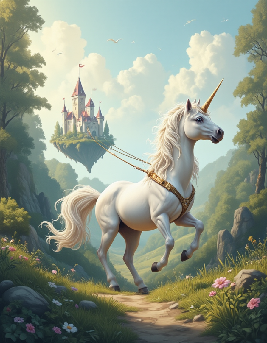 <lora:MW_Minis01flux:1> mwm01, cinematic, majestic, fantasy, T10, gold, blue, bokeh, photo of a majestic white unicorn with a radiant golden horn walks proudly toward the viewer down a forest path. Two magical ropes extend from the unicornâs harness into the sky, tethered to a lush floating island carrying a grand fairytale castle with tall red-roofed spires and fluttering banners. The unicornâs mane flows in the breeze, its posture noble and determined as it appears to be pulling the enchanted castle behind it through the serene valley. The scene is framed by blooming flowers, mossy rocks, and towering trees. The sky is a soft pastel blue with fluffy clouds and soaring birds, adding to the whimsical and dreamlike atmosphere. Cinematic lighting, hyper-detailed, eye-level perspective, magical realism.