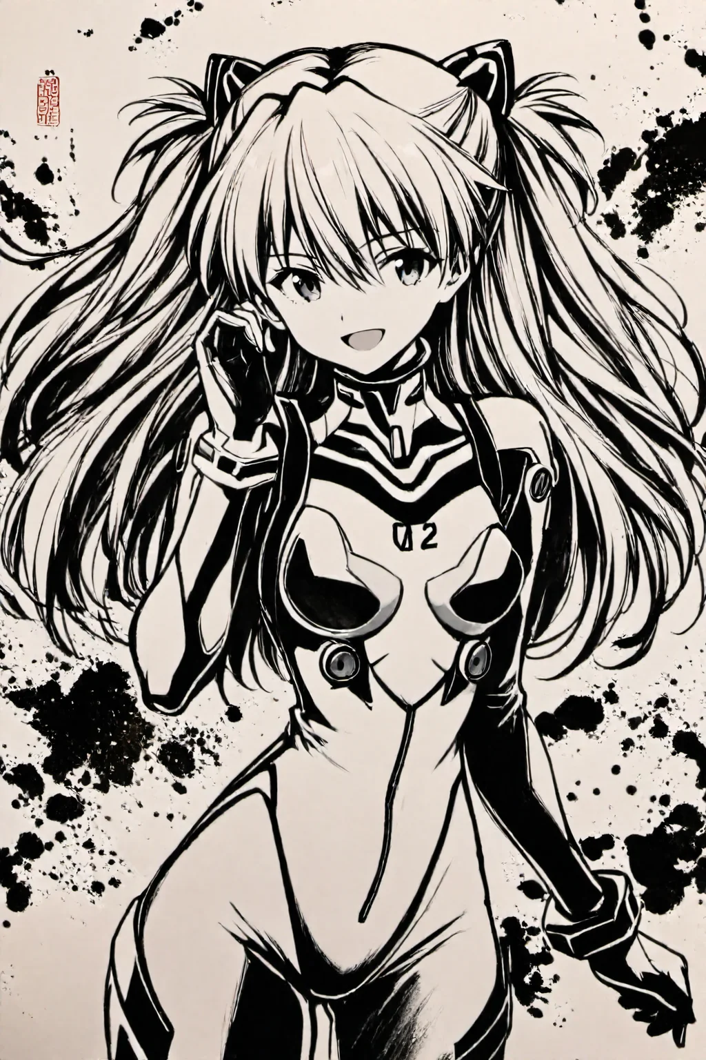 monochrome,greyscale,ink \(medium\),1girl,long hair,plugsuit,bodysuit,souryuu asuka langley,pilot suit,bracer,smile,open mouth,bangs,turtleneck,solo,cowboy shot,:d,gloves,looking at viewer,headgear,two side up,adjusting hair,narrow waist,standing,hand up,hair ornament,from side,skin tight,traditional media,Ink background,
<lora:okazu_illustriousXL:1>,