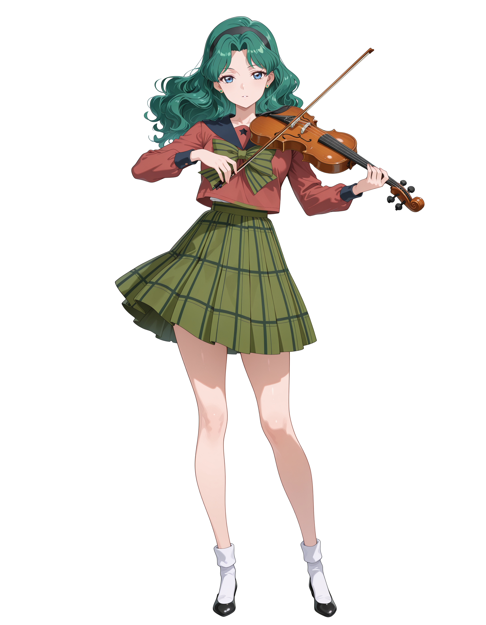 masterpiece,best quality,amazing quality,very aesthetic,high resolution,ultra detailed,perfect details,<lora:Michiru_Kaiou_ILXL:1>,<lora:my-lora:1>,mai_style,mature female,
1girl,kaiou michiru,long hair,green hair,wavy hair,parted bangs,black hairband,blue eyes,green stud earrings,long sleeves,red shirt,blue sailor collar,green bow,striped bow,green skirt,plaid skirt,pleated skirt,medium skirt,white socks,ankle socks,flats,black high heels,
standing,full body,holding violin,solo,looking at viewer,
simple background,white background,