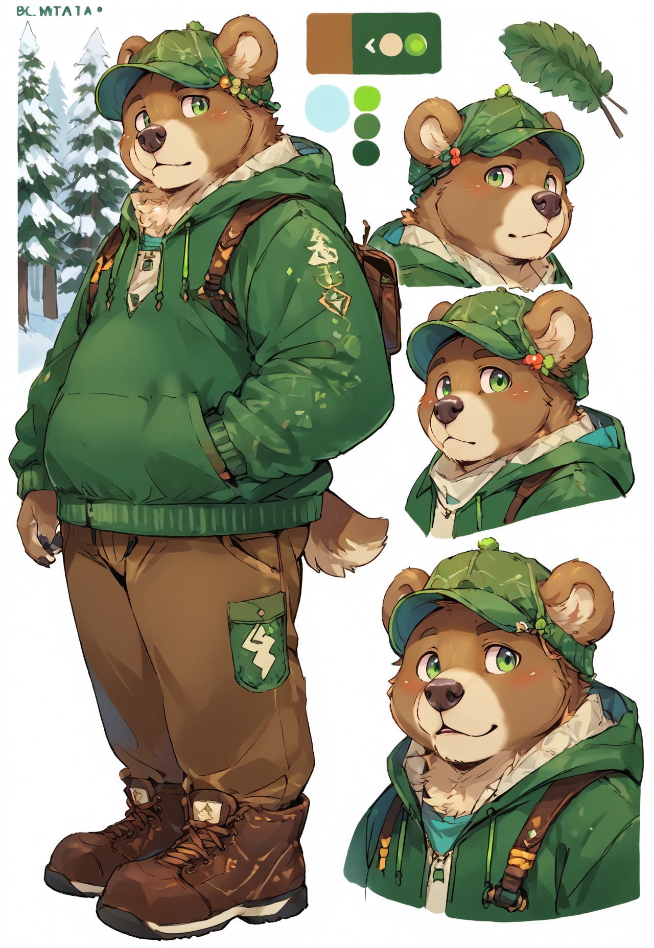 score_9, score_8,score_7, source_furry, anthro, furry, male, brown bear, outdoor, winter forest, chubby, fat, A very wide bear, green eyes, The green hat, pants, green hoodie, CharacterDesignXL , (CharacterSheet:1), reference sheet, (full body, from side, front:1.1), upper body, cartoon, simple white background, bkmita, by bkmita