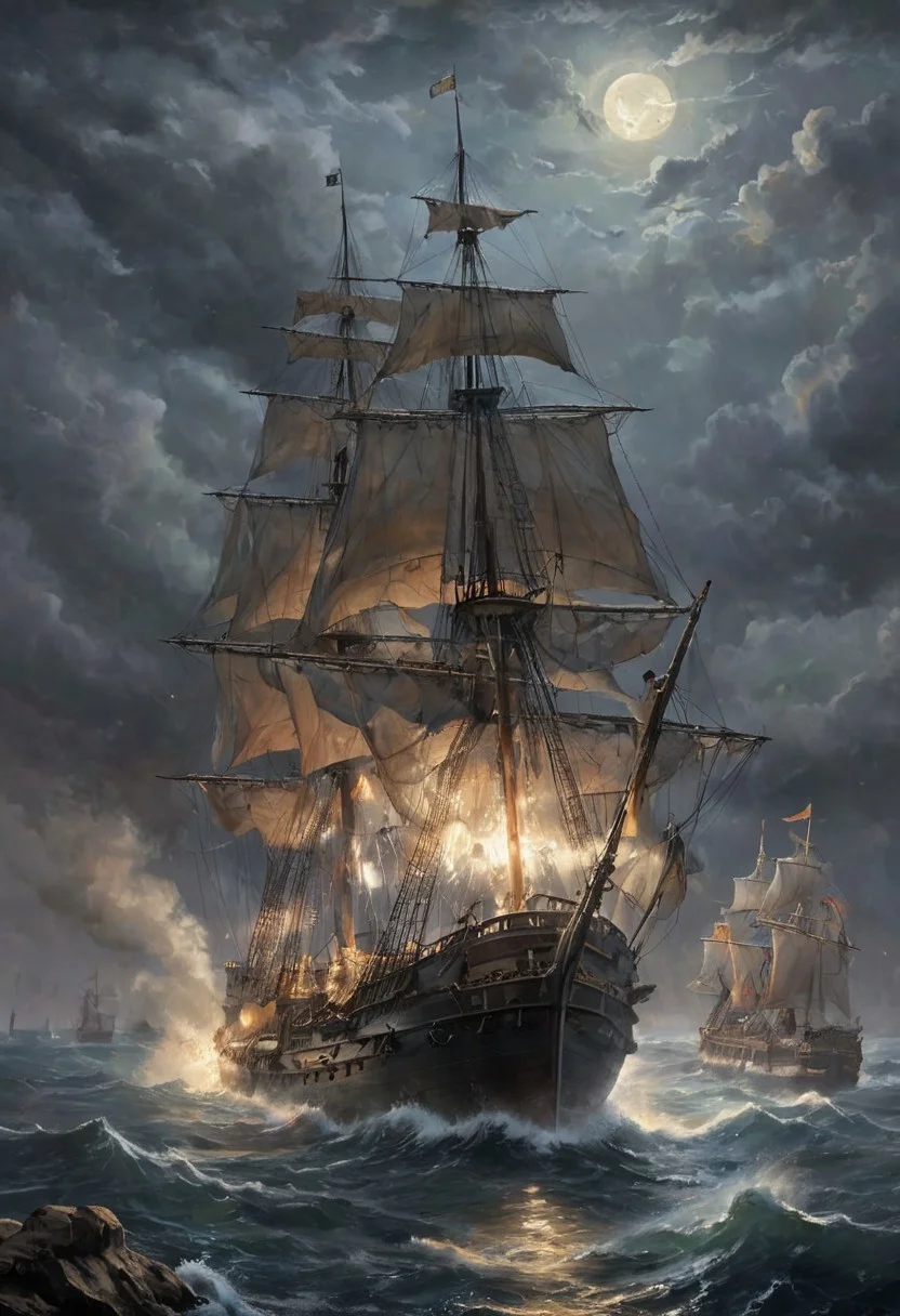 The image presents an explosive battle between age of sail warships firing their cannons. A dark and ominous nightscape. On a storming sea, two huge 17th century warship fight each other firing multiple cannons, the majestic ships of the line are pulled up a tremendous and foaming wave. The ships have torn sails and their mast is bending on a side. the moonlight passes through the heavy clouds and the torn sails. The moonlight casts eerie sparkles across the foaming sea. The overall atmosphere is heavy with suspense, as if something sinister lurks in the darkness. A low mist rolls across the horizon. This scene evokes a feeling of isolation and danger.
romantic impressionism, dream scenery art, beautiful oil matte painting, romantic, style of thomas kinkade, beautiful digital painting, anime landscape, romantic painting, thomas kinkade style painting, dreamlike digital painting, colorful painting, beautiful gorgeous digital art, style thomas kinkade