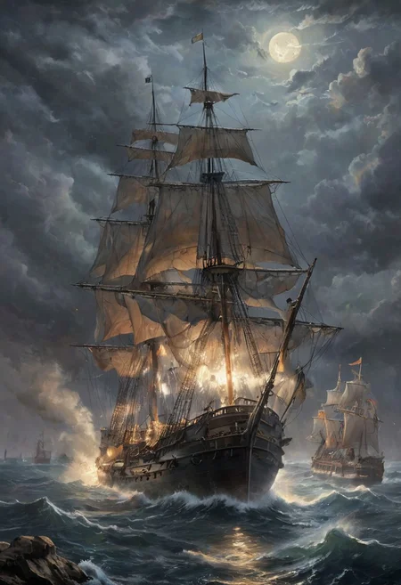 The image presents an explosive battle between age of sail warships firing their cannons. A dark and ominous nightscape. On a storming sea, two huge 17th century warship fight each other firing multiple cannons, the majestic ships of the line are pulled up a tremendous and foaming wave. The ships have torn sails and their mast is bending on a side. the moonlight passes through the heavy clouds and the torn sails. The moonlight casts eerie sparkles across the foaming sea. The overall atmosphere is heavy with suspense, as if something sinister lurks in the darkness. A low mist rolls across the horizon. This scene evokes a feeling of isolation and danger.
romantic impressionism, dream scenery art, beautiful oil matte painting, romantic, style of thomas kinkade, beautiful digital painting, anime landscape, romantic painting, thomas kinkade style painting, dreamlike digital painting, colorful painting, beautiful gorgeous digital art, style thomas kinkade