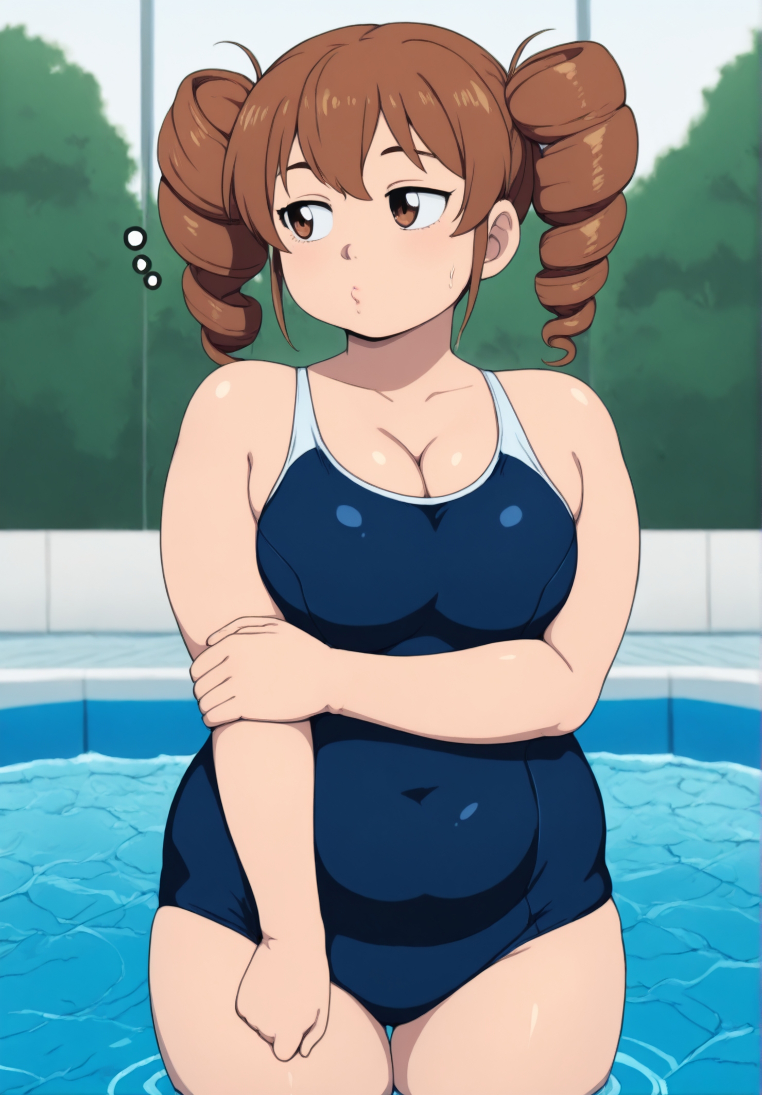 <lora:Orizen:1> masterpiece, high quality, best quality, absurdres, anime coloring, 1girl, solo, swimming pool, brown hair, twin drills, cowboy shot, young female, plump, fat, school swimsuit, cleavage, skindentation, ..., looking to the side, pursed lips, holding own arm,