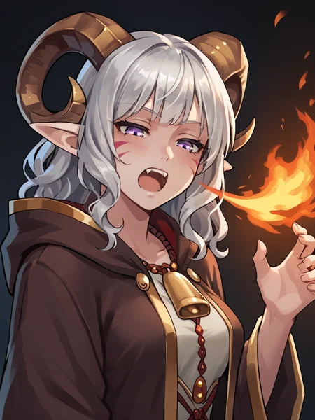 <lora:breath_weapon:0.8> breath_weapon:1.5, fire ,looking down, breath_down :1.4, fang, open mouth:0.4,
source_furry, score_7_up, rating_safe, gold necklace, tiefing, short pointed ears, brown horns, (a pair of brown sheep Horns that begin at her temples and curve back: 1.5), bangs, long silver hair long wavy hair, pale skin, <lora:whisker_markings:0.8>red whisker_markings ,short pointy ears, purple eyes, <lora:age_slider_v4:0.6> medium breasts, skinny female, silver hair, <lora:Tieflingnew weird fantasyDND:0.3> Tiefling, pointed ears, horns, half-closed eyes<lora:Smooth Style 2 SDXL_LoRA_Pony Diffusion V6 XL:0.5> bell, robe, hood off,