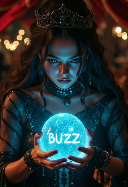 Female fortune teller inside a dark carnival tent, looking intently into a crystal ball. In the crystal ball is a text that reads: "BUZZ"