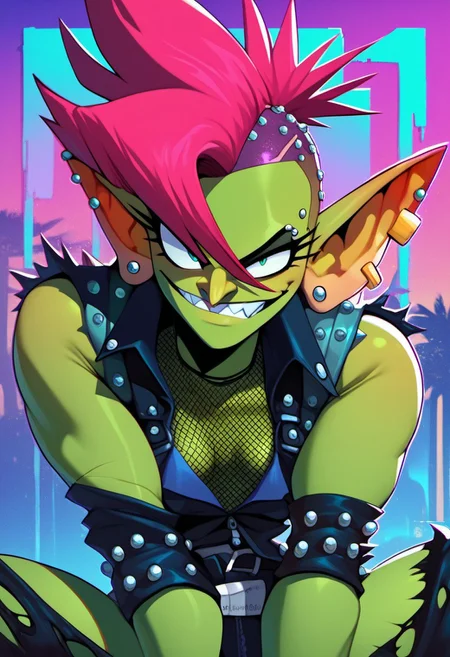 score_9, score_8_up, score_7_up, score_6_up, lI stylish, pretty face, sexy (green shortstack goblin:1.23) fishnet bodysuit, hairy legs, punk, lI artistic, lI piercings, pierced body, zh0n66u0 thick line-art, tough, confident, having fun, uneven body proportions, heavy big earrings, abstract 90s background, wild 90s colors, urban punk, concrete jungle,