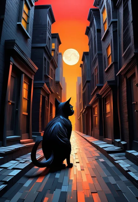 Masterpiece mix of paper quilling, layered paper and oil painting style. Highly detailed illustration of a black cat wandering in an empty dark alley in New-York only lightened by the moon, vibrant glow, Atey Ghailan Style, devoid of any human presence