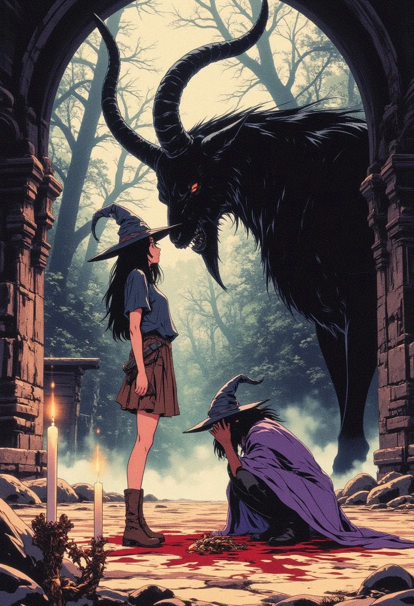Beauty, Chiaroscuro, High quality, drkfnts style, drkfnts style, ne0nfant4sy
A highly detailed watercolor digital illustration of a witch girl in a hauntingly eerie scene. The witch is standing on the knees and praying to giant black goat. Witch girl is wearing witch hat, brown shorts, brown boots, dark violet cape and a tool belt. Pentagram is drown with a blood on the floor. Witch girl looks cute and beautiful, but is a vicious and cruel.
the goat looks down at the witch patronizingly. In the eyes of a goat you can see that he is the embodiment of the devil.
The witch stands in a dimly lit old temple ruins, where dead trees loom overhead, their bare, twisted branches reaching into the mist.
Faint candle light casts eerie shadows on her, while the soft, flowing strokes of watercolor create an ethereal, dreamlike quality. The mist swirls around her feet, and the faded hues of the background blend into soft, eerie tones, yet the horrifying details of goat figure, emphasizing dark ritual sinister of what's happening
