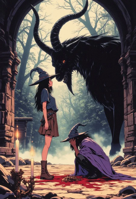 Beauty, Chiaroscuro, High quality, drkfnts style, drkfnts style, ne0nfant4sy
A highly detailed watercolor digital illustration of a witch girl in a hauntingly eerie scene. The witch is standing on the knees and praying to giant black goat. Witch girl is wearing witch hat, brown shorts, brown boots, dark violet cape and a tool belt. Pentagram is drown with a blood on the floor. Witch girl looks cute and beautiful, but is a vicious and cruel.
the goat looks down at the witch patronizingly. In the eyes of a goat you can see that he is the embodiment of the devil.
The witch stands in a dimly lit old temple ruins, where dead trees loom overhead, their bare, twisted branches reaching into the mist.
Faint candle light casts eerie shadows on her, while the soft, flowing strokes of watercolor create an ethereal, dreamlike quality. The mist swirls around her feet, and the faded hues of the background blend into soft, eerie tones, yet the horrifying details of goat figure, emphasizing dark ritual sinister of what's happening