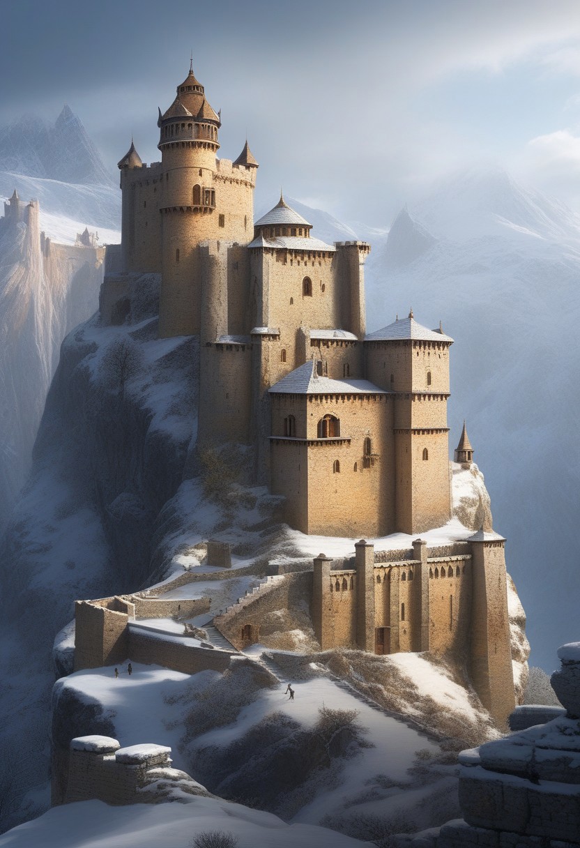 a castle on a (rock spire), battlement, Machicolations, a stairway to the keep, doorway,  mountain in background, very wide shot, fantasy, atmospheric effects, snow, best quality, masterpiece, realistic, photo-realistic, amazing, finely detail, ultra-detailed, highres, extremely detailed, 8k wallpaper