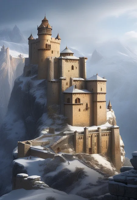 a castle on a (rock spire), battlement, Machicolations, a stairway to the keep, doorway, mountain in background, very wide shot, fantasy, atmospheric effects, snow, best quality, masterpiece, realistic, photo-realistic, amazing, finely detail, ultra-detailed, highres, extremely detailed, 8k wallpaper