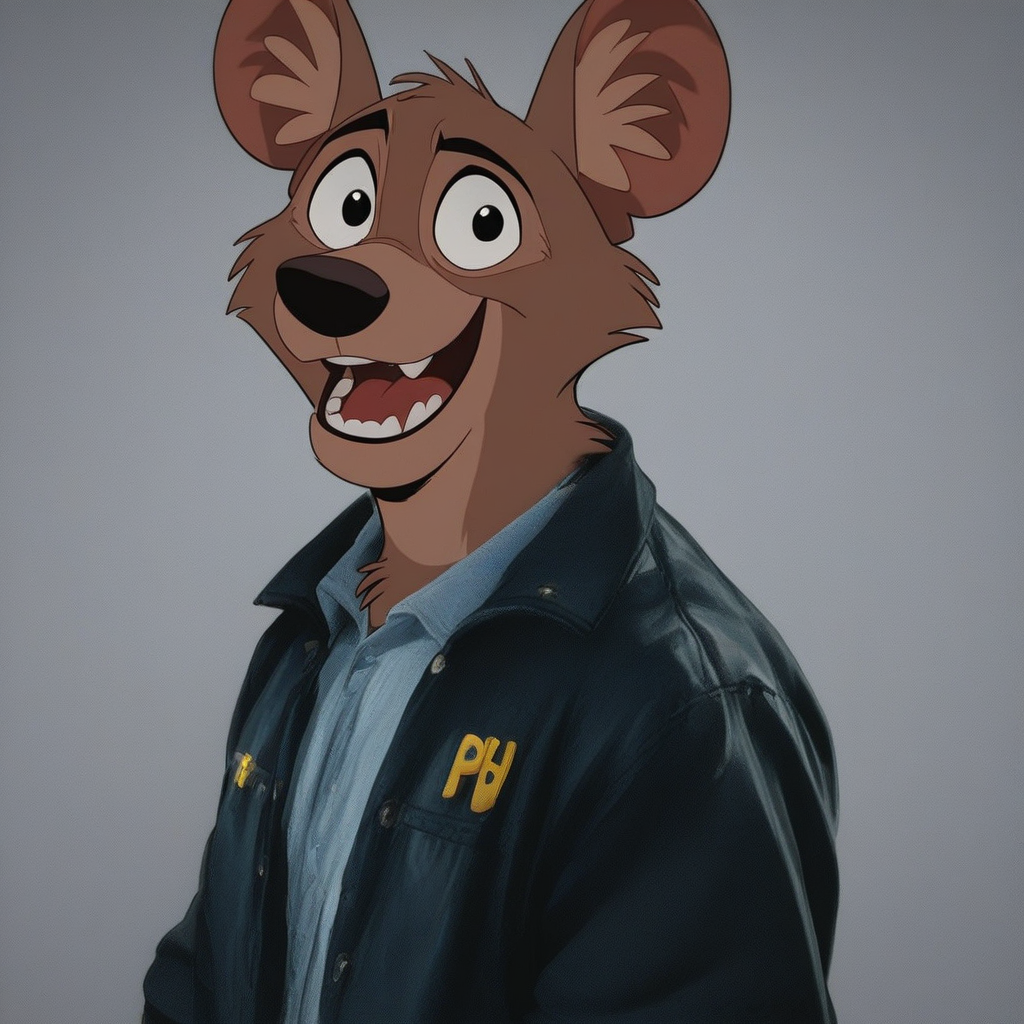 score_9, score_8_up, score_7_up, score_6_up, score_5_up, score_4_up, solo, 1 boy, FBI-Yena, Hyaenidae, Disney, Cartoon Character, Anthro Hyena, African Wild Dog, Furry Male, Tan fur, animal ears, black nose, black eyes, furry ears, real clothes, FBI Jacket, live-action clothes, laughing, headshot,