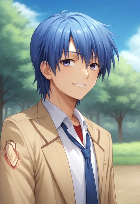 score_9, score_8_up, score_7_up, source_anime, highly detailed,
hideki, 1boy, male focus, school uniform, solo, blue hair, blue eyes,
shinda sekai sensen uniform, smile,
outdoor, sky, blue sky, tree
