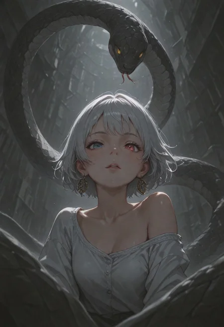 best quality, amazing quality, very esthetic, newest, scenery, high-resolution, masterpiece, detailed eyes, perfect eyes, realistic eyes, depth of field, low angle, bend backward,
1girl, solemn, confident, heterochromia, looking viewer ,solo ,silver hair, short hair, open shoulder, snake trimmed, earrings, jewelry, gloves,
bloom, snake style, volumetric lighting, (fighting stance:0.7).