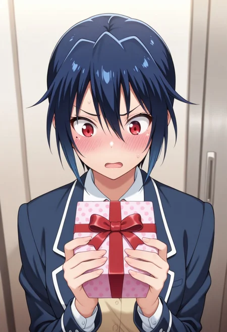 masterpiece,best quality,amazing quality, tsugumi seishiro, blue hair, short hair, red eyes, 1girl, mole under eye, mole, solo, school uniform, blush, gift, open mouth, sweatdrop