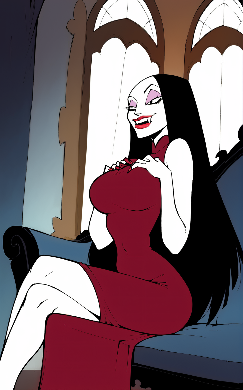 score_9, score_8_up, score_7_up,((best quality)), absurdres,  <lora:3d-2d:0.8>,    <lora:VeraDraculaPXL:0.9>,VeraDraculaPXL,long hair, black hair, red nails, breasts,large breasts, fingernails, white skin,makeup,lipstick, black eyes,fangs,dress, red dress, sleeveless, turtleneck, skin tight,slim,sitting,victorian,mansion, inside, couch,hands in chest