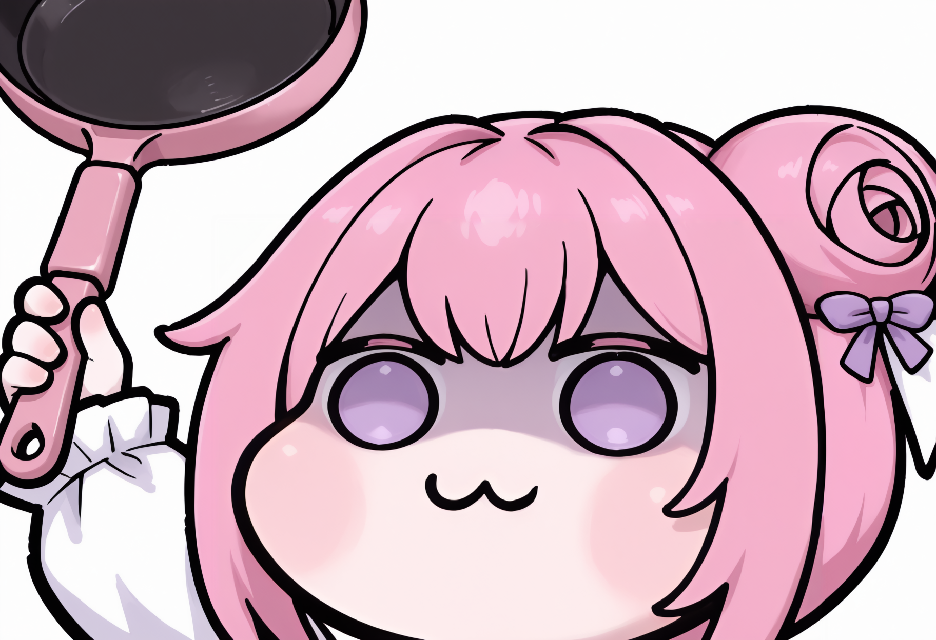 holding frying pan, arm up, from below, white background,  <lora:doro_xypher_ixl_v1:0.9> doro, :3, chibi, no pupils, solid circle eyes, upper body, white skin, dorothy \(nikke\), pink hair, single side bun, hair bow, purple ribbon, shaded face, close-up,  <lora:asmr_beating-08-NOOB-EPS1.1:1>