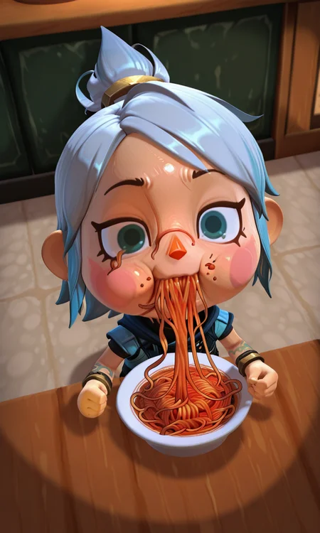embedding:IllusP0s, animal crossing style, 3d, 1girl, fullbody, jett_\(valorant\), eating spaghetti, indoors, restaurant, from above, solo,<lora:animal crossing style_3d_ill.safetensors:1.0:1.0> <lora:spaghetti_eating.safetensors:1:1>
