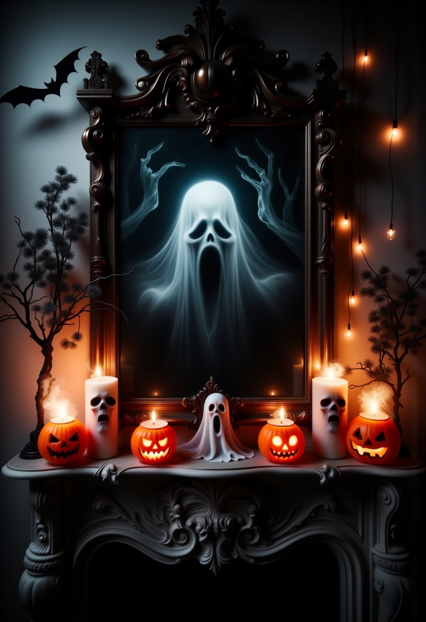 a haunted scary Halloween-decorated mantle, adorned with fun, spooky candles shaped like pumpkins, ghosts, bats, and skulls, scary apparition in the mirror

