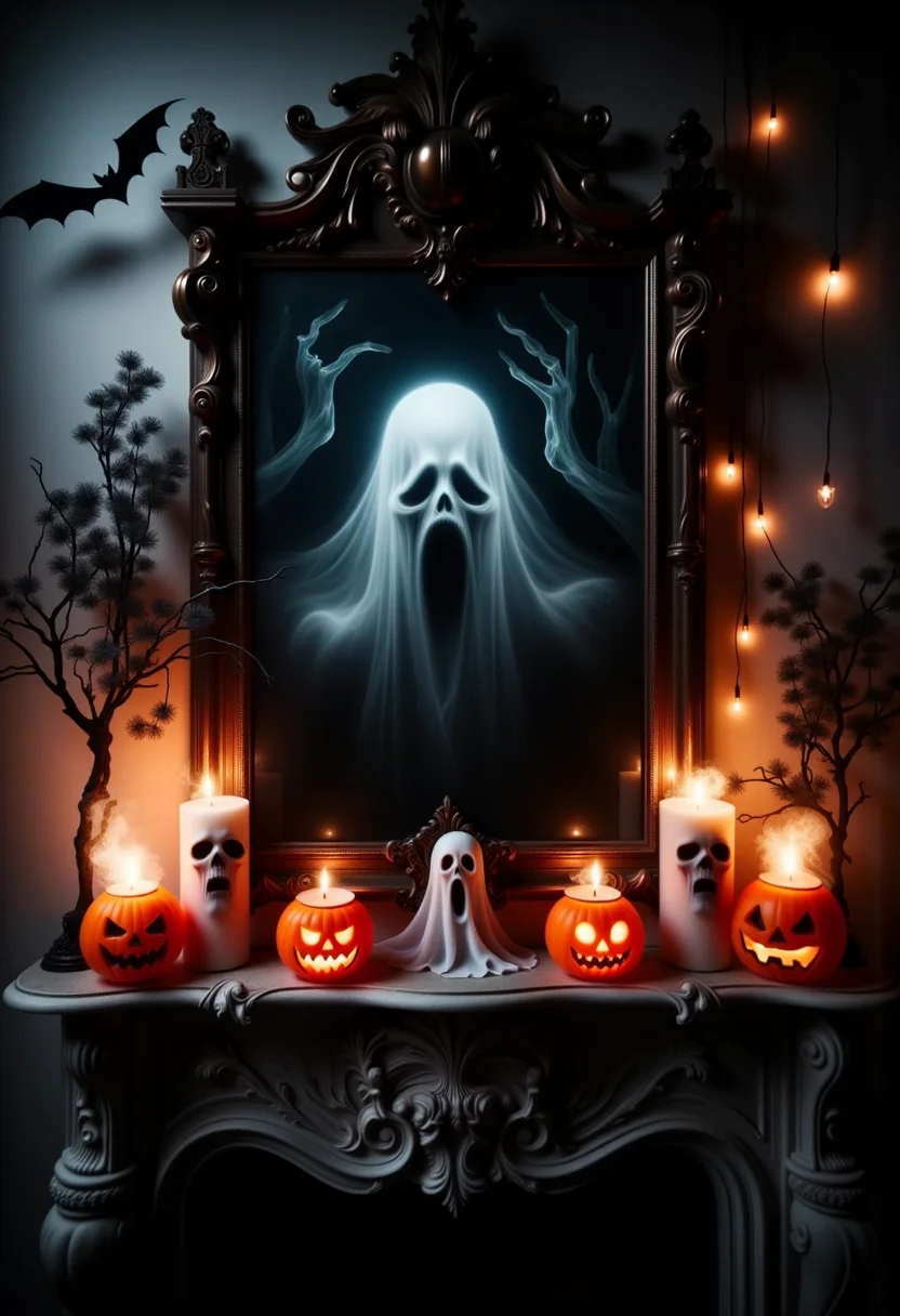 a haunted scary Halloween-decorated mantle, adorned with fun, spooky candles shaped like pumpkins, ghosts, bats, and skulls, scary apparition in the mirror
