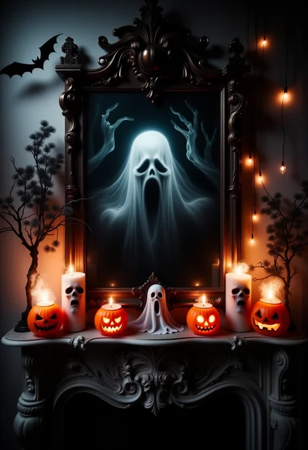 a haunted scary Halloween-decorated mantle, adorned with fun, spooky candles shaped like pumpkins, ghosts, bats, and skulls, scary apparition in the mirror
