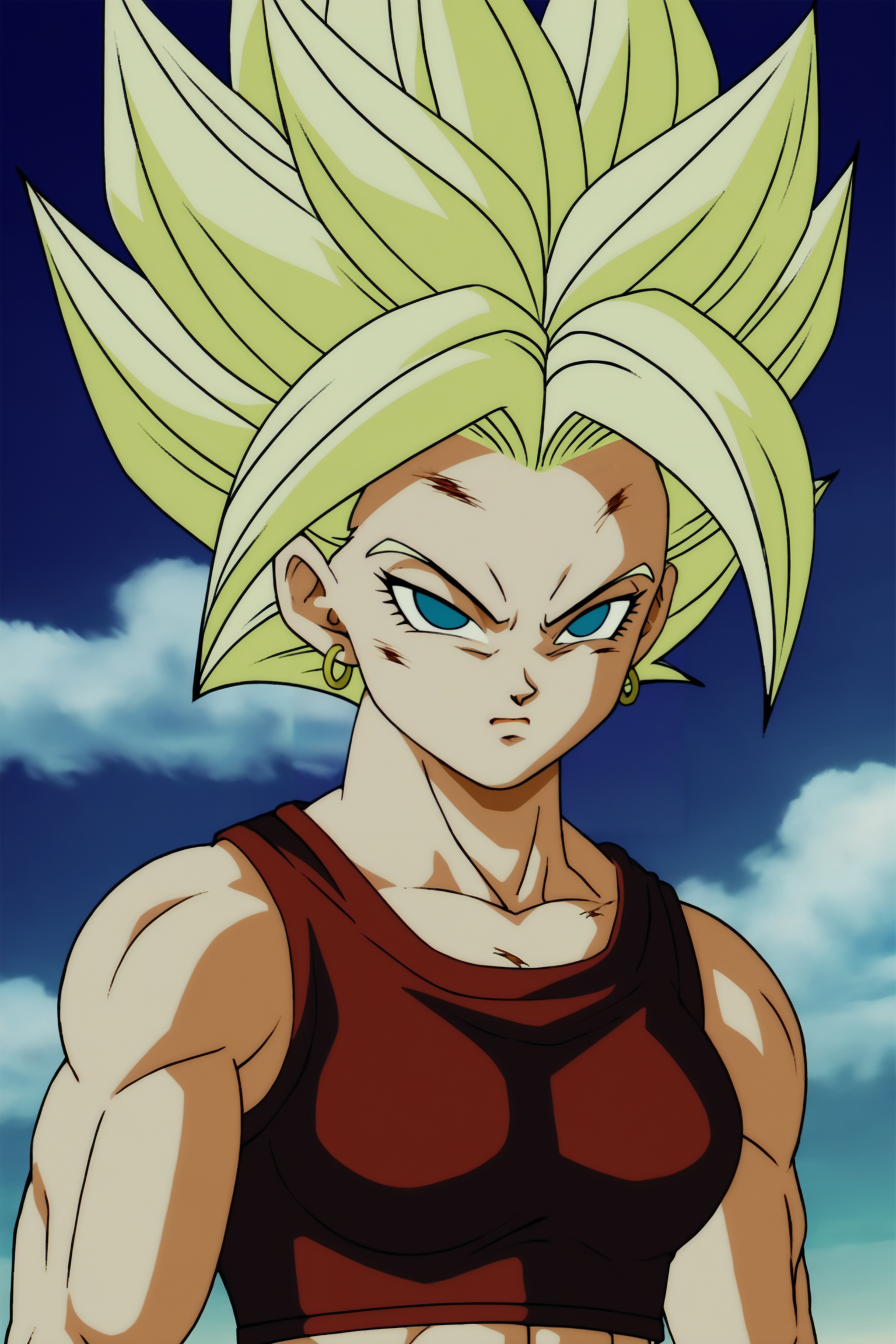 source_anime, score_9, score_8_up, score_7_up, anime screencap, absurdres, high quality,
kale, super saiyan 2, tight, 1990s \(style\), anime coloring, retro artstyle, 1girl, solo, breasts, looking at viewer, blue eyes, dirty face, sky, outdoors, closed mouth, standing, upper body, hoop earrings, green hair, dirty, red crop top, muscular, spiked hair, muscular female, v-shaped eyebrows, arms at sides, bare shoulders
 <lora:Kale_v1:0.8>