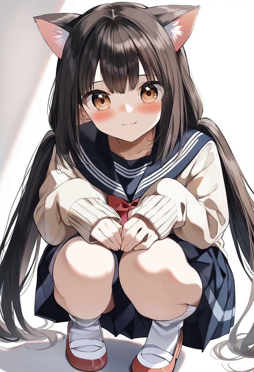 score_9, score_8_up, score_7_up, source_anime, hi res, masterpiece, best quality, highres, cat girl, rkanime_ps, 1girl, solo, twintails, school uniform, long hair, black hair, brown eyes, skirt, sailor collar, blush, black sailor collar, squatting, black skirt, white socks, closed mouth, bangs, red bow, socks, serafuku, bow, looking at viewer, smile, long sleeves, low twintails, pleated skirt, brown sweater, brown cardigan, very long hair, sweater, sleeves past wrists