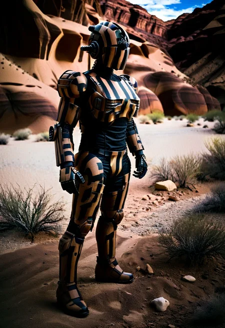 easynegative, extremely detailed, dark, chiaroscuro, low-key, AssaultronCosplay, zavy-strps, ral-camo, a brown assaultron robot, ((the assaultron has black stripes painted on its armor)), ((tiger stripe pattern)), in the deserts of Arizona