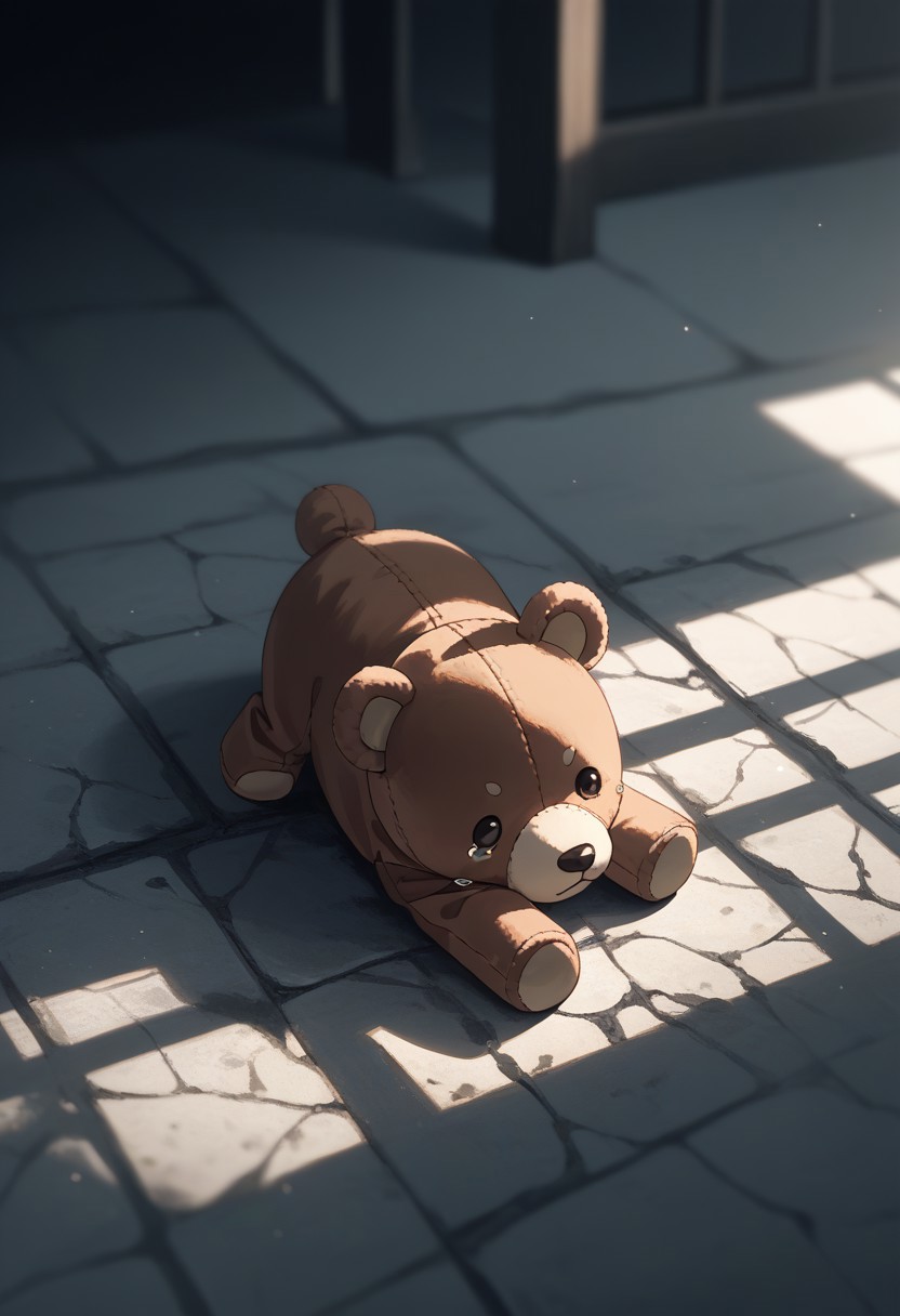masterpiece, best quality, high quality, high details, source_anime, score_9, score_8_up, score_7_up, extremely detailed,
anime child holding broken teddy bear, sitting on the ground, teary-eyed, soft light from above, background slightly blurred, focus on emotional expression, cinematic lighting, muted warm tones, dramatic close-up