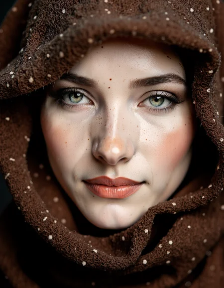 A close-up photograph of a woman's face, shot from a close up angle, showcasing a striking contrast between light and dark tones. the woman, who appears to be a young adult, is positioned in the middle of the frame, looking directly at the camera with a serious expression. her blue eyes are the focal point of the image, with long eyelashes framing her closed mouth. her skin is smooth and fair, and her lips are slightly parted, revealing a hint of her teeth. she is wearing a brown, textured fabric with a subtle pattern of small white dots, creating a textured effect that adds depth and dimension to the image. the lighting is soft and natural, casting gentle shadows across her face, highlighting her features and creating a sense of depth and texture. the background is blurred, allowing the focus to be on her face and the texture of the fabric to be the main focus. the overall effect is a striking and captivating image that showcases the beauty of the woman's natural beauty and the intricate patterns of her skin.