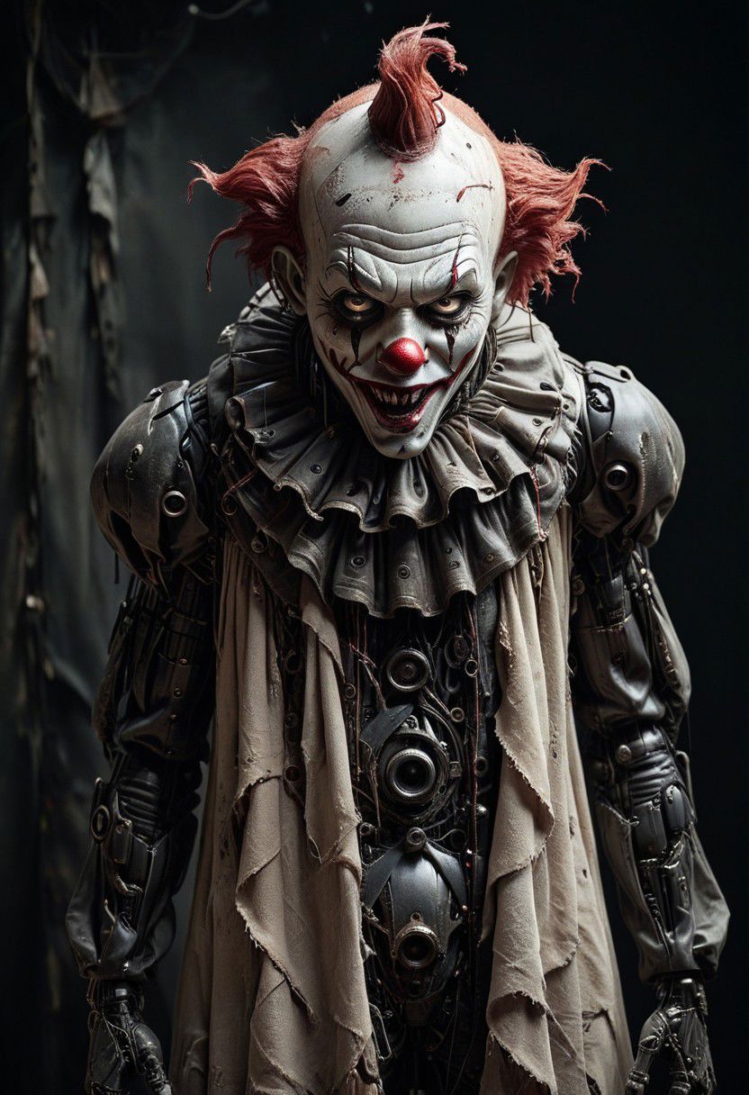 (Pointing Finger At Viewer), a vintage photo depicting a mechanical hybrid seer cyborg giant costumed AS Horror Freak Clown emerging from a tattered linen cloak, adorned with numerous eyes, infront a dystopian, neon dark backdrop, distorted shapes,
very detailed, atmospheric haze, Film grain, cinematic film still, shallow depth of field, highly detailed, high budget, cinemascope, moody, epic, OverallDetail, gorgeous, 2000s vintage RAW photo, photorealistic, candid camera, color graded cinematic, eye catchlights, atmospheric lighting, skin pores, imperfections, natural, shallow dofintricate, elegant, fantasy art, portrait, dark, retro, ecstatic, plain, powerful, realistic, profoundly red dark color