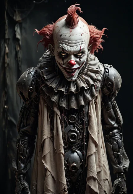 (Pointing Finger At Viewer), a vintage photo depicting a mechanical hybrid seer cyborg giant costumed AS Horror Freak Clown emerging from a tattered linen cloak, adorned with numerous eyes, infront a dystopian, neon dark backdrop, distorted shapes,
very detailed, atmospheric haze, Film grain, cinematic film still, shallow depth of field, highly detailed, high budget, cinemascope, moody, epic, OverallDetail, gorgeous, 2000s vintage RAW photo, photorealistic, candid camera, color graded cinematic, eye catchlights, atmospheric lighting, skin pores, imperfections, natural, shallow dofintricate, elegant, fantasy art, portrait, dark, retro, ecstatic, plain, powerful, realistic, profoundly red dark color