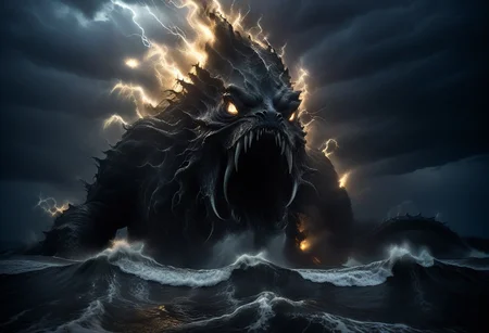 professional, 4k photo, Sharp focus, high detail, gargantuan sea monster, dark theme, silhouette, monster in distance, emerging from ocean, murky water, black scales, menacing, dramatic, greg rutkowski, expressionism, impressionism, volumetric lighting style, god rays, monster attack, eldritch horror, reaching upward, tall waves, lightning, thunderstorm, lightning strikes,
dramatic angle, cinematic lighting,
easynegative, extremely detailed, dark, chiaroscuro,