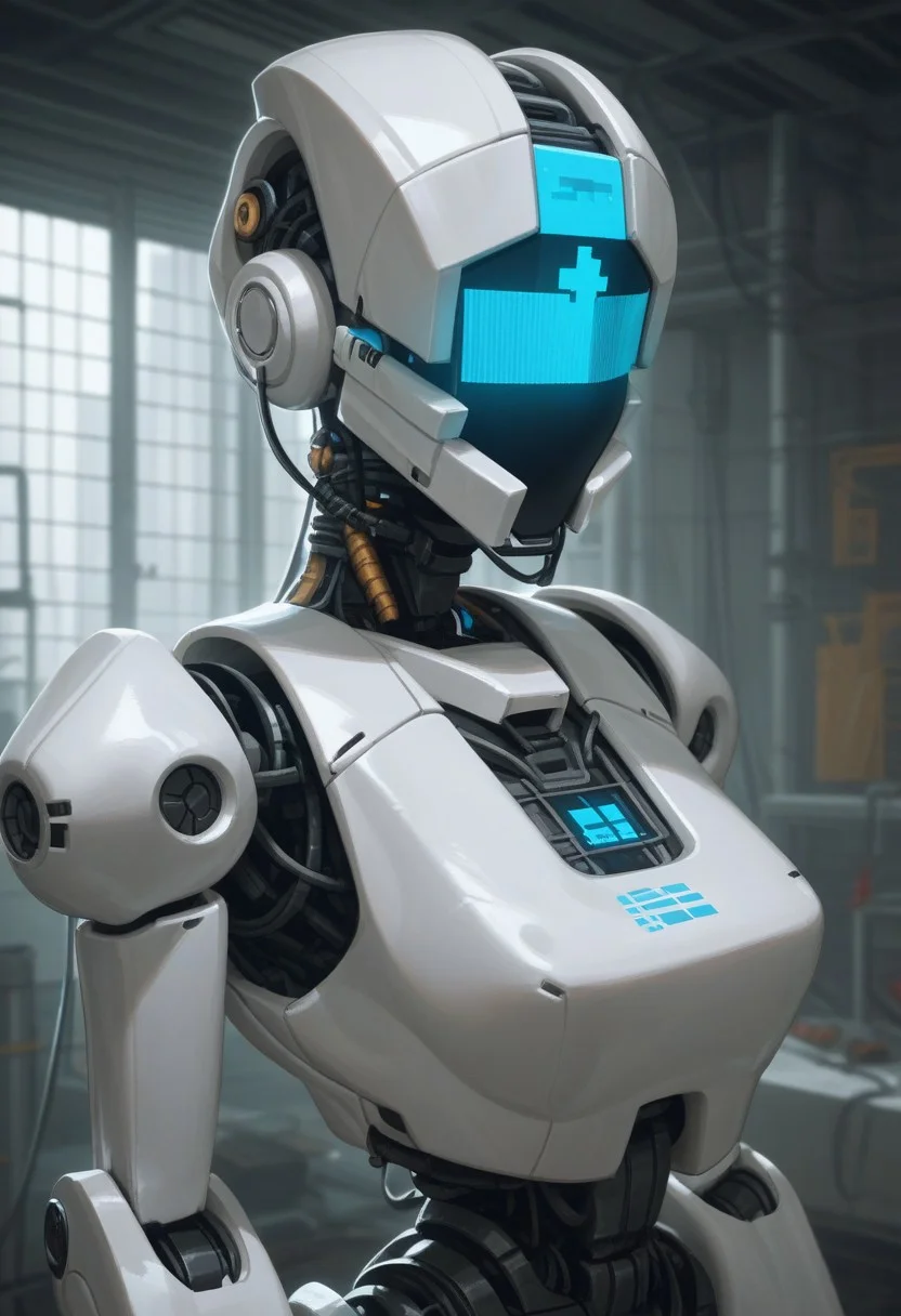 score_9, score_8_up, score_7_up, robot woman, pixel face, digital face, robot body, abandoned laboratory, scifi, angular body, analog, low-tech robot, cheap, plastic, mismatched
